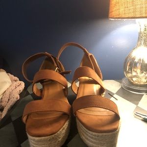 camel colored ankle strap espadrille sandals